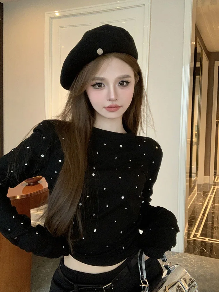 

Женские винтажные футболки Y2k, осенне-весенние однотонные футболки с круглым вырезом и бриллиантами, Свободные повседневные футболки в стиле Харадзюку С Длинным Рукавом, 2024