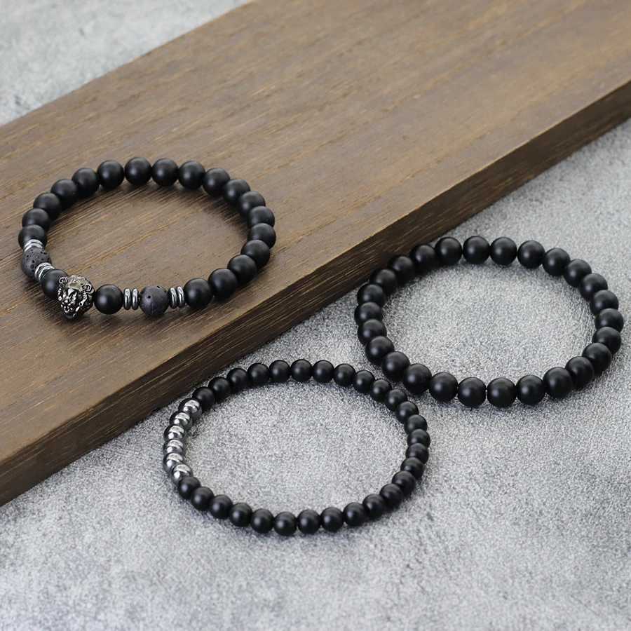Men Black Onyx Stone Beaded Hematite Lion Bracelet