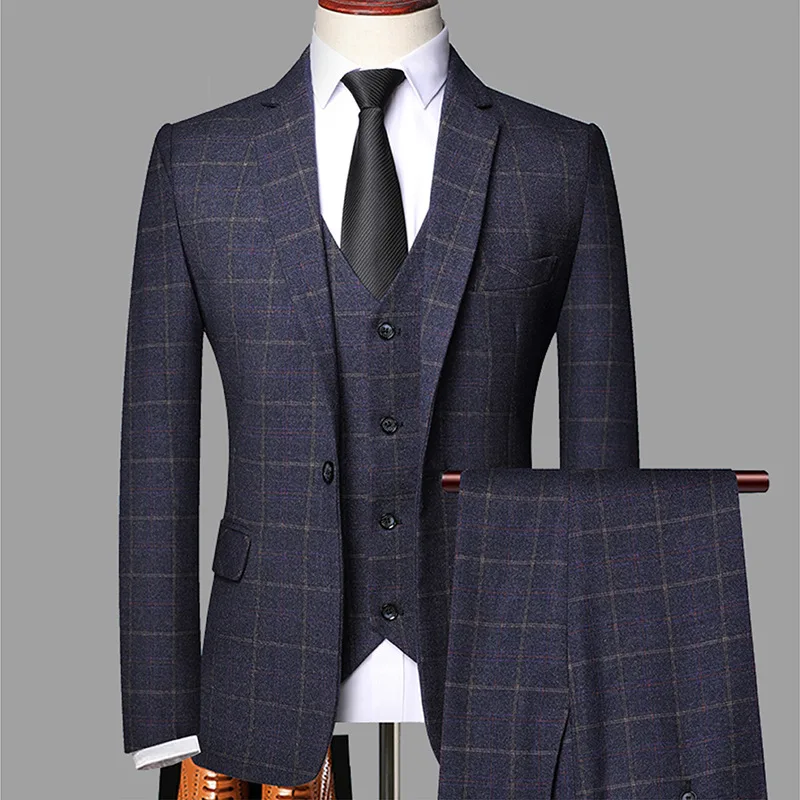 

Men's Suits Set Plaid Business Pantsuits 3 Pieces Slim Fitted Jacket+Trousers+Vest Formal Blazer Wedding Tuxedos In Stock