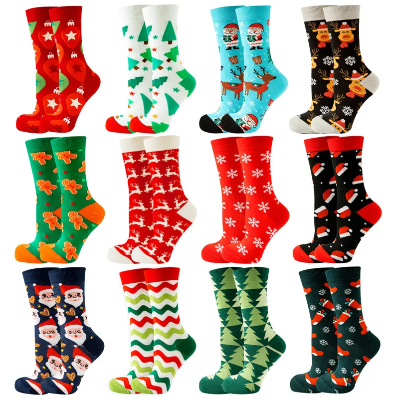 Chaussettes de Noël Père Noël pour femmes, Chaussettes Elk Tide, Chaussettes géométriques en coton, Chaussettes Happy Funny, Sapin de Noël, Nouveau