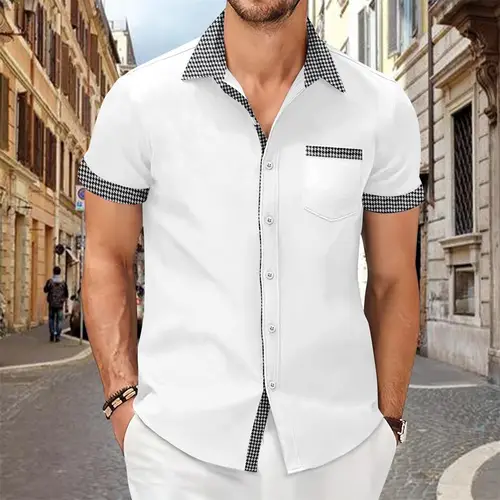 Patchwork Printed Shirt for Men, Solid Color, Comfortable and Soft Short Sleeve Top, Large Size, Summer New - Image 15