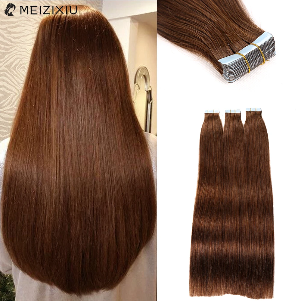 

Tape in Hair Extension Invisible Remy Silky Straight 24inch Seamless Skin Weft Tape in Human Hair Brown Extension Human Hair 50g