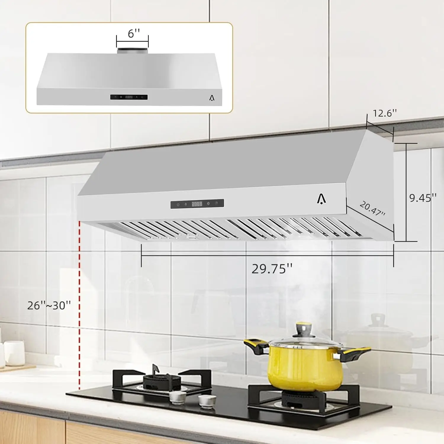 30 Inch Range Hood Under Cabinet, Stainless Steel Kitchen Range Hood with 3 Speed Touch Control, 400 CFM Suction Power, Silver