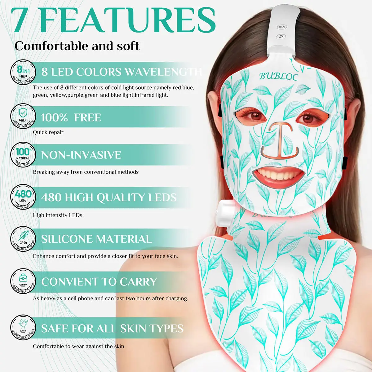 LED Face Mask 8 Color Portable Silicone LED Red Light Near Infrared Therapy for Anti-Aging, Wrinkles, Skin Rejuvenation Home Use