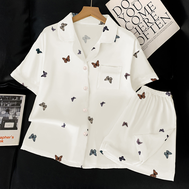 French Haute Sense Butterfly Ice Silk Pajamas Female Summer New Short-Sleeved Cardigan Two-Piece Home Wear Real Summer Clothing