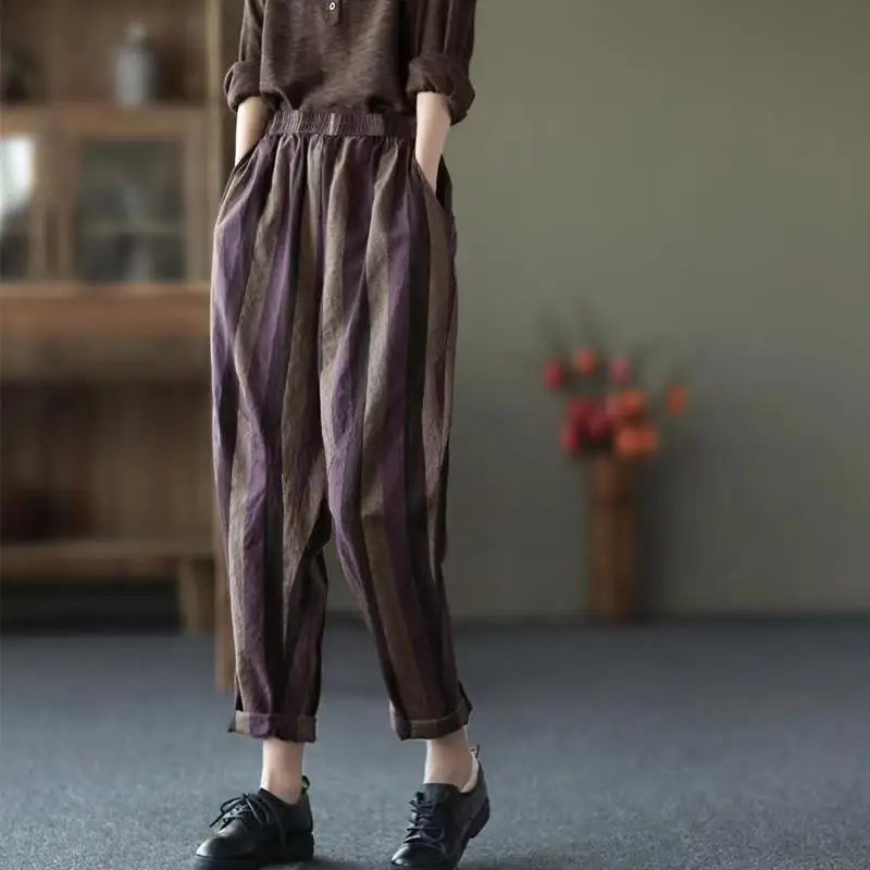 Cotone Da Donna Nuove Strisce Verticali Retrò Torre Harlan Pantaloni A Vita Alta Larghi Nove Pantaloni Casual Estate Donna Nuovo
