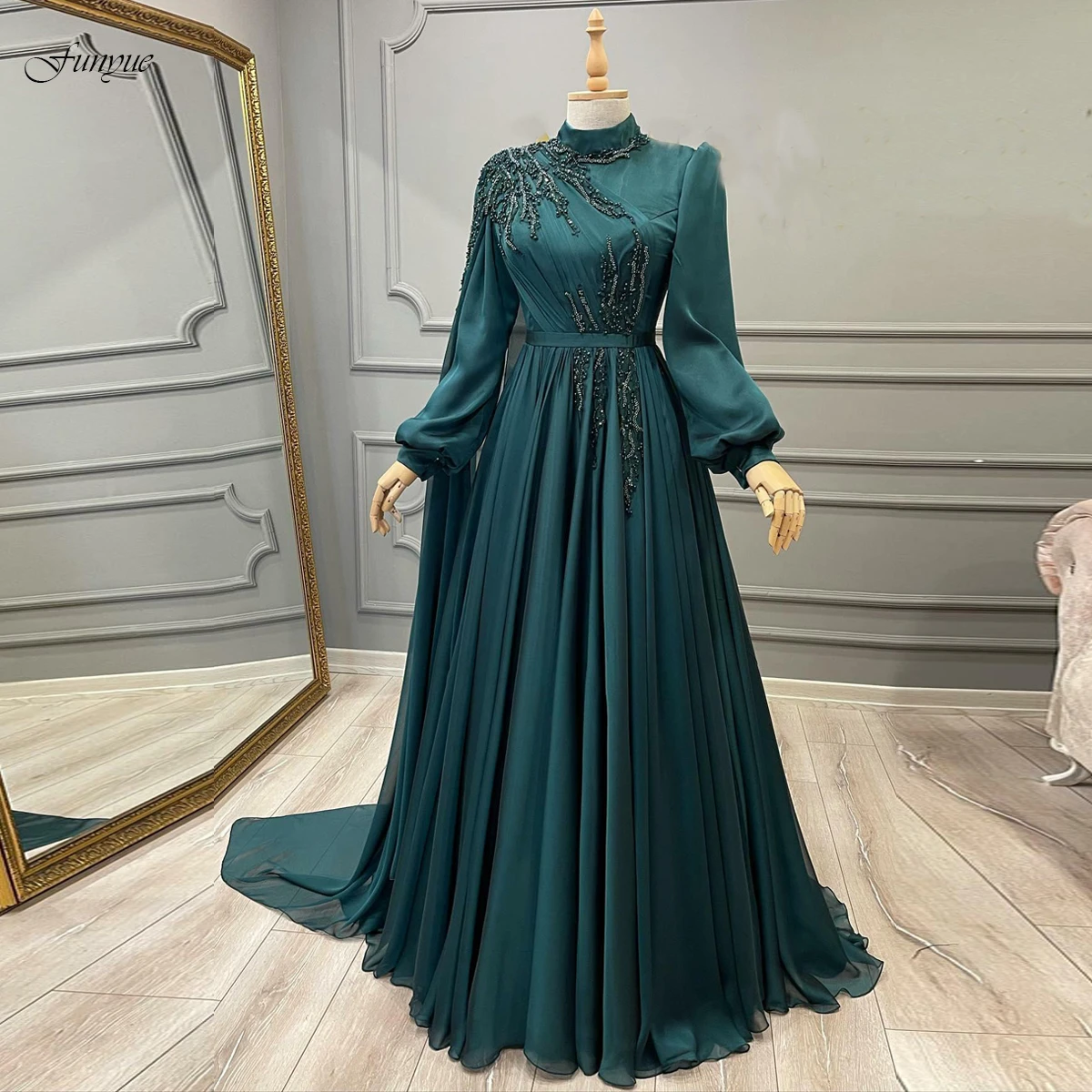 long formal dresses Funyue Abendkleider Teal A-Line Long Sleeve Formal Dress Lace Beaded Chiffon Moroccan Caftan Muslim Evening Party Gowns 2022 New pink ball gown