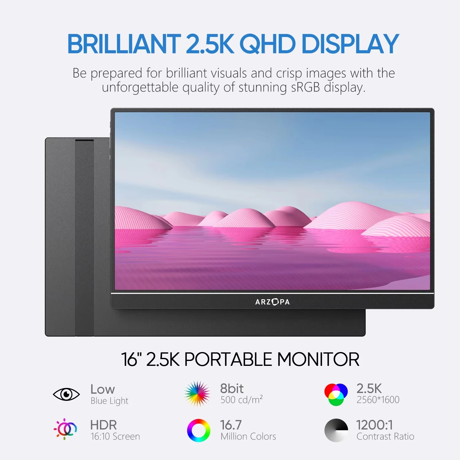 ARZOPA 16인치 2.5K QHD 휴대용 모니터 16:10 IPS 화면, 타입-C 미니 HDMI 지원, MAC/노트북/PC/Xbox/PS/스위치용 보조 디스플레이, Z1RC
