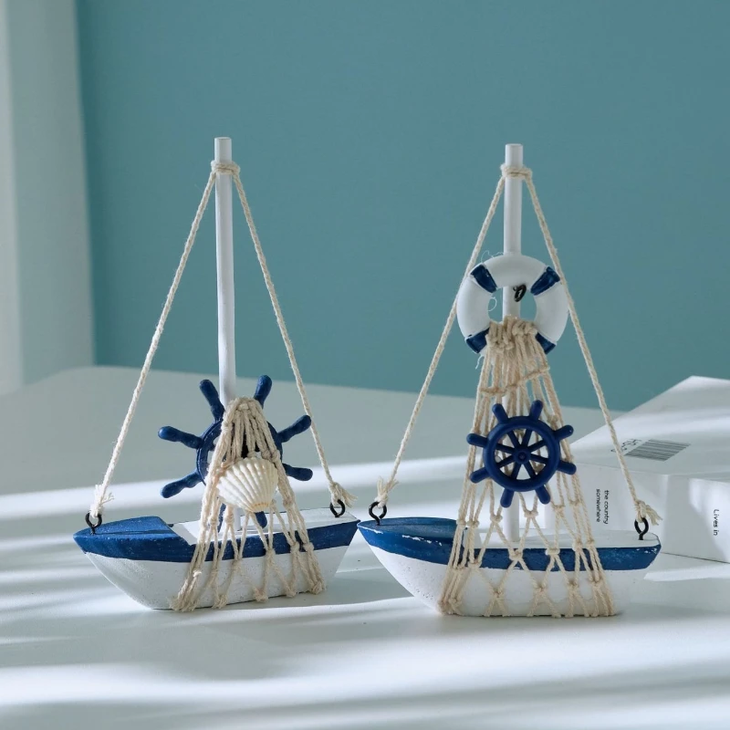 1PC Mini Wooden Sailboat Decorative Ropes and Anchors,Mediterranean-style Commemorative Gift for The Owner's Home Office Desktop