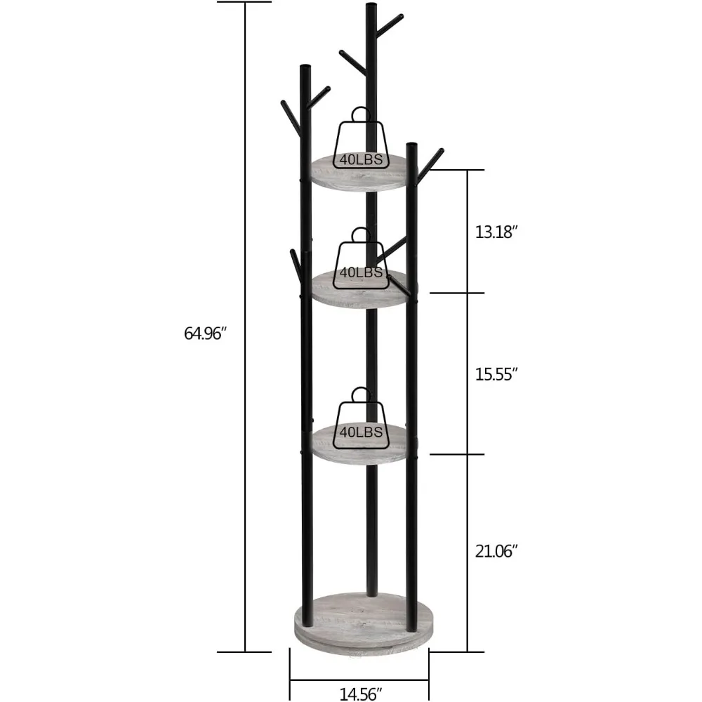Rotary Coat Rack Floorstanding Metal Coat Hall Tree Stand with 4 Tiers Storage Display Shelf and 9 Hooks for Entryway Bedroom