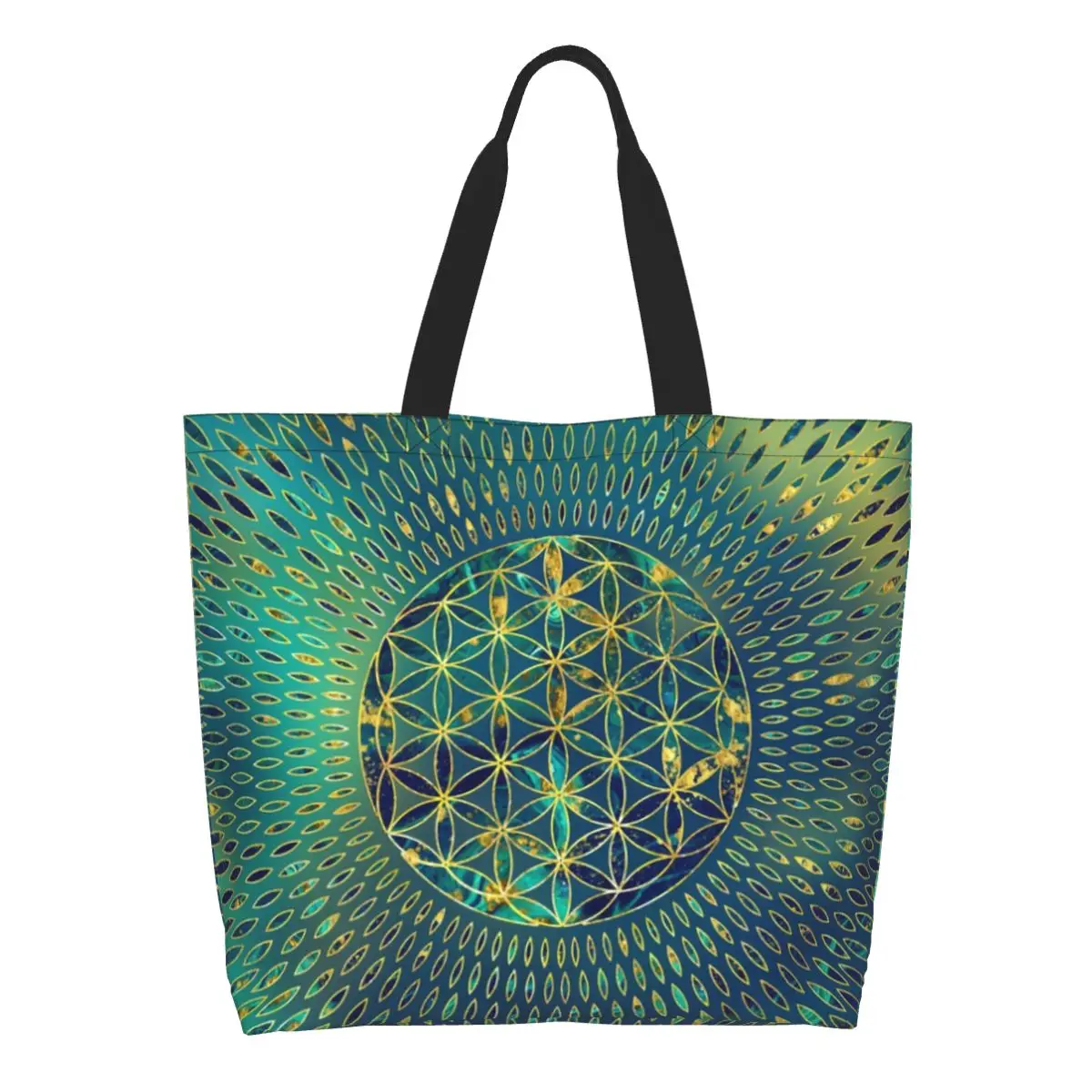 

Flower Of Life Marble And Gold Grocery Tote Shopping Bag Women Mandala Canvas Shopper Shoulder Bags Large Capacity Handbags