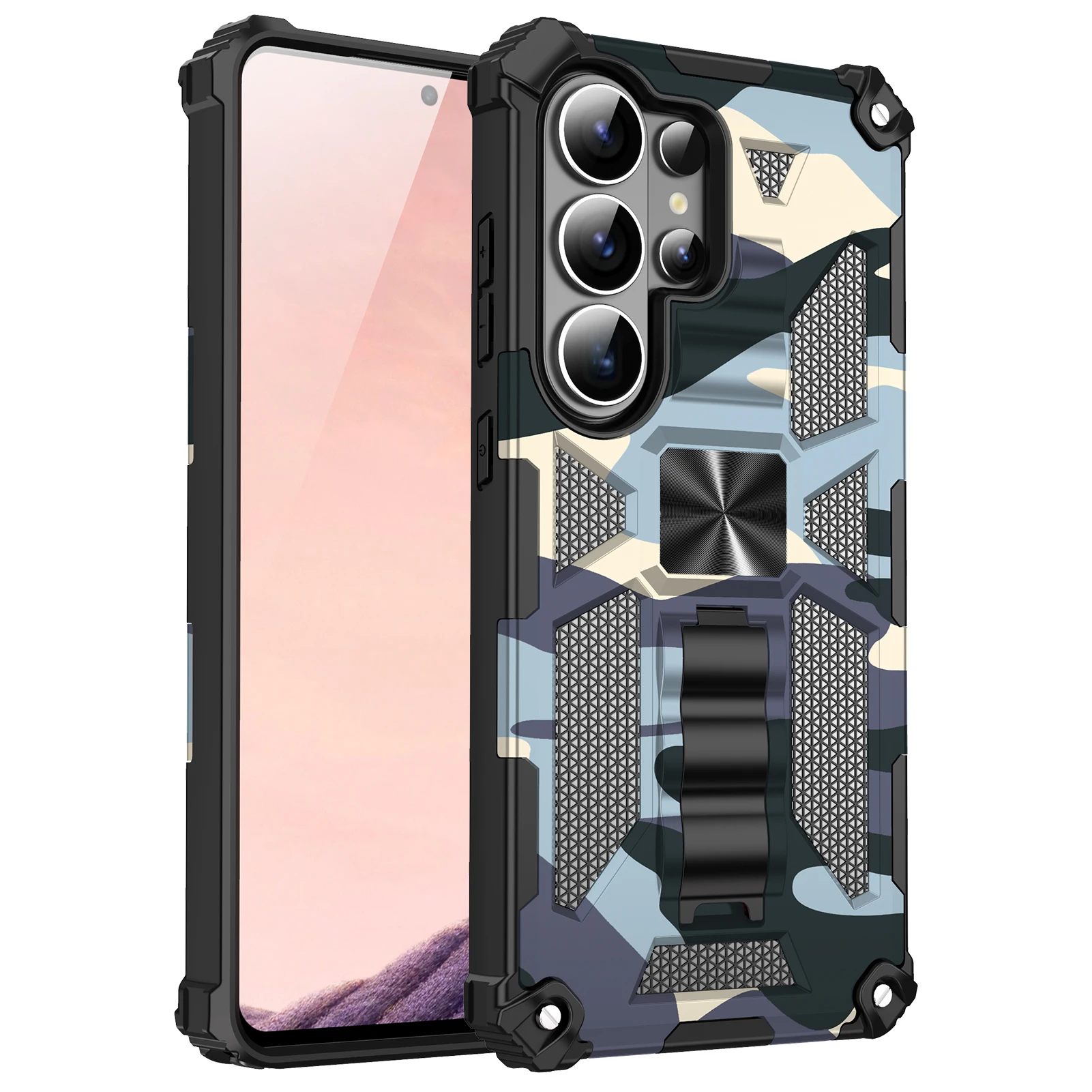 Hybrid Armor Camouflage Phone Case with TPU Frame and Hidden Kickstand