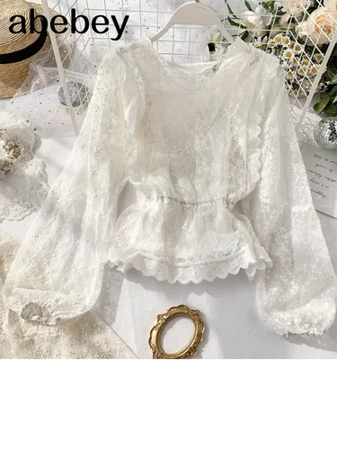 여성용 레이스 블라우스 셔츠, 프랑스 복고풍 궁전 랜턴 소매, 연꽃 잎, 2024, 가을 3