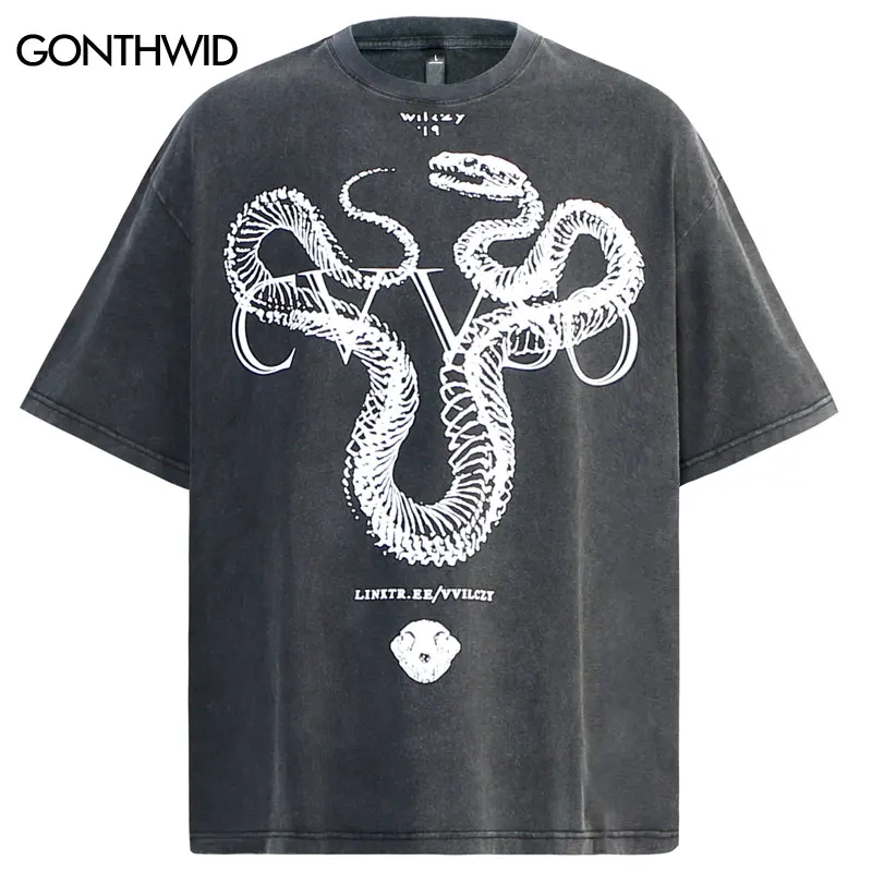 

Vintage Oversized T-Shirt Y2K Hip Hop Python Snake Graphic Print Washed Tshirt Streetwear 2024 Harajuku Punk Gothic Loose Tops