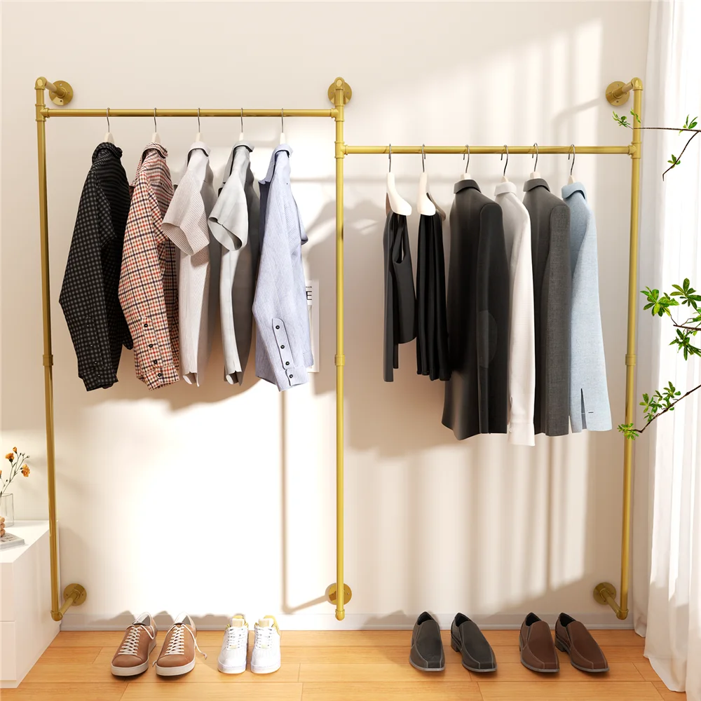 

Industrial Pipe Clothing Rack Wall Mounted,Clothes Racks with Hanging Rods for Closet Storage(Gold)