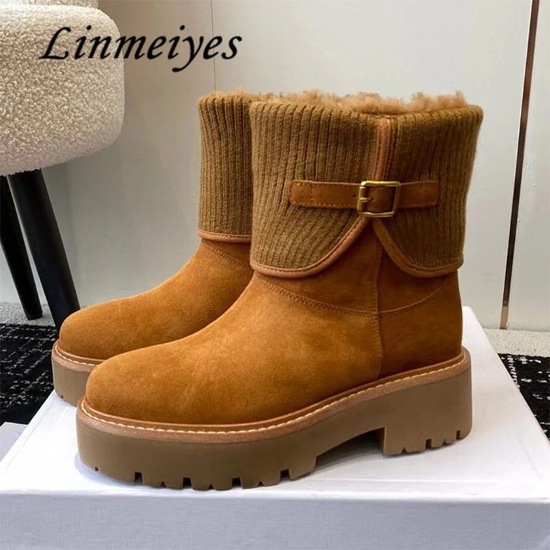

Hot Sales Thick Sole Snow Boots Woman Knit Belt Buckle Round Toe Short Boots Wool Warm Winter Shoes Woman Flat Ankle Boots Women