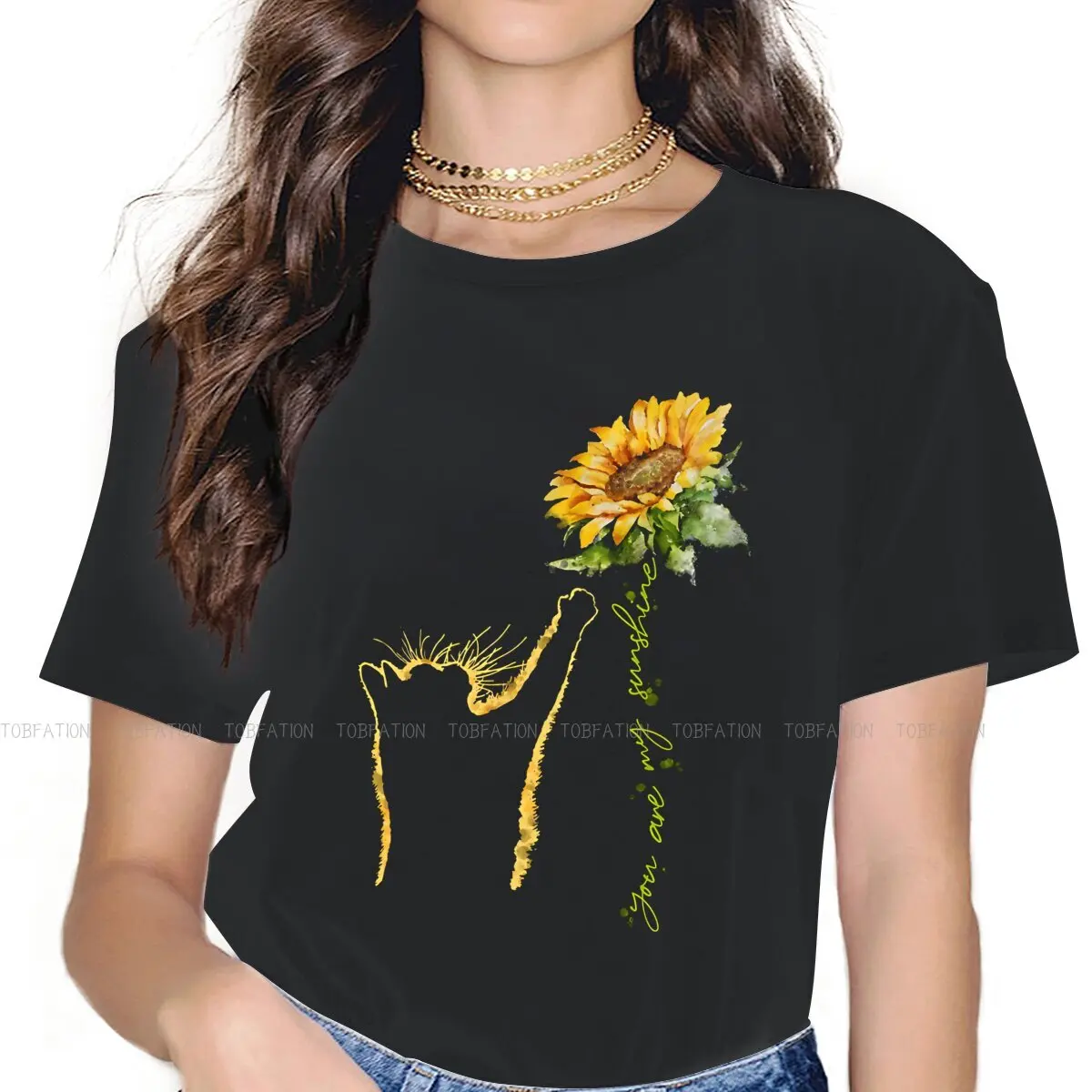 

Футболка Reach For A Sunflower с круглым вырезом, классическая черная футболка с котом из чистого хлопка, женские топы 5XL, Лидер продаж