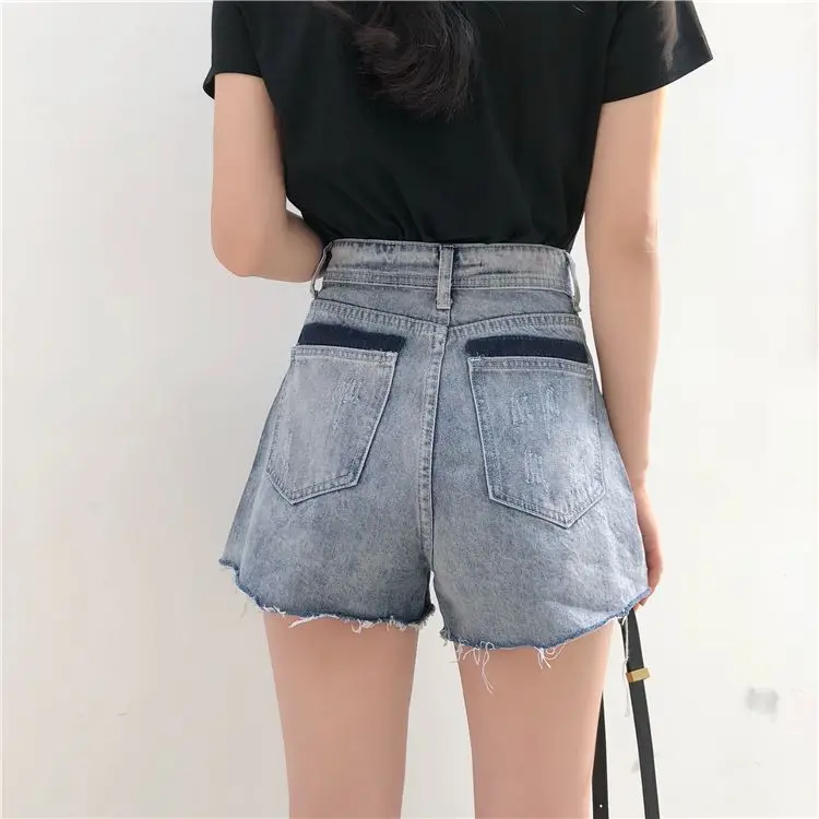 High Rise Denim Shorts blue Women’s S-5XL Patchwork Design Chic plus size womens Summer High-rise Waist All-match Schoolgirls Trouser Street Basic Retro Teens Harajuku short pants for Woman in light and dark-blue