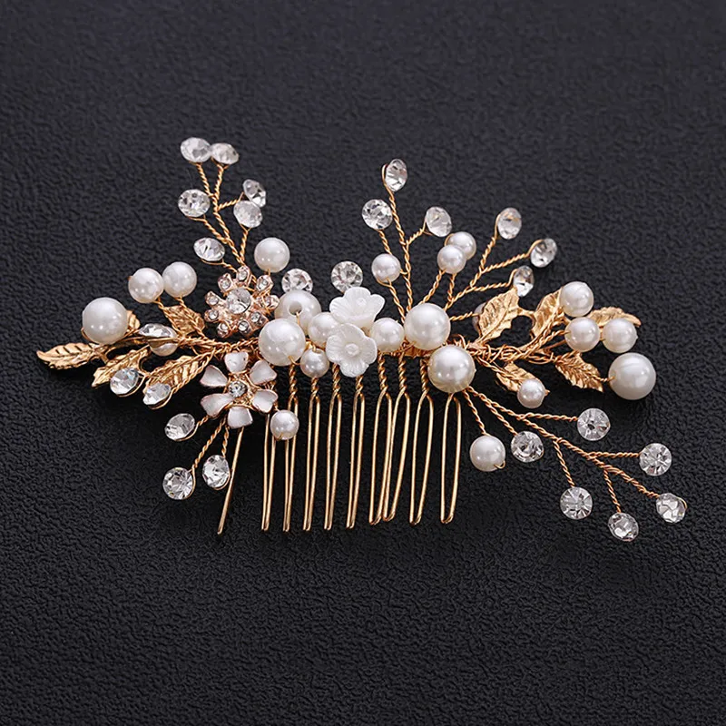 Gold Color Leaf Hair Combs Jewelry Rhinestone Pearl Hair Comb Tiaras Women Headpiece Wedding Bridal Jewelry Accessories SL