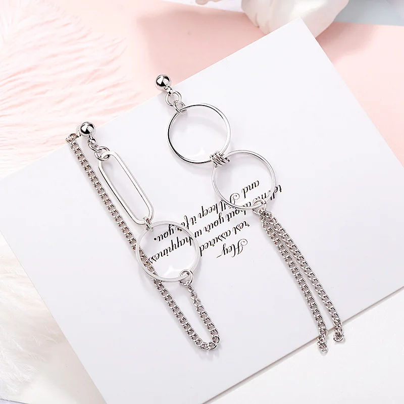 CIAXY Silver Color Asymmetrical Earrings for Women Geometric Round Pendant Ear Line Earring Punk Hip Hop Jewelry