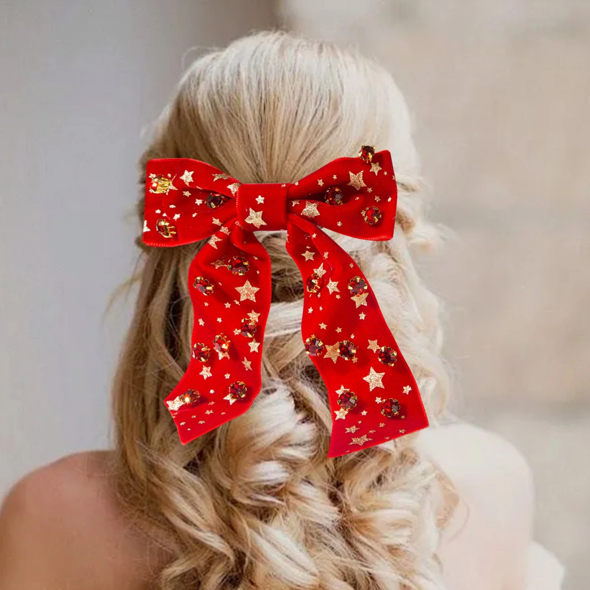 Festive Red Velvet Bow Headband with Sparkling Rhinestones for Women and Girls - Holiday Hair Accessory for Christmas Parties