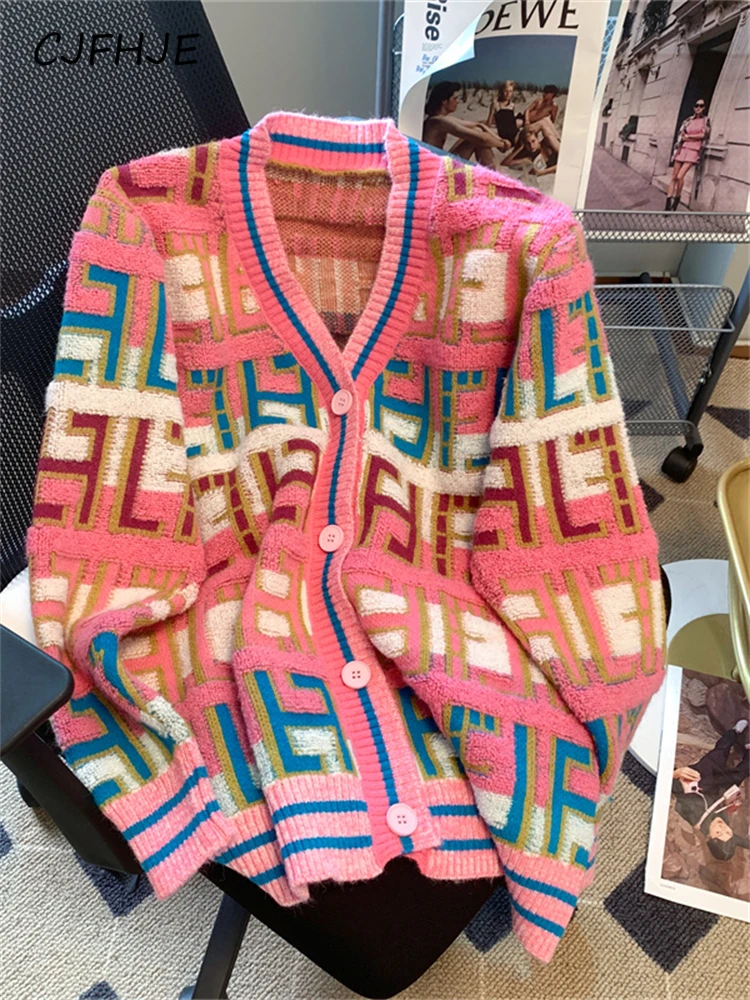 

CJFHJE Women's Colorful Letter Knitted Cardigan Sweater Korean Loose Fashion Long Sleeve Lady Round Neck Vintage Winter Sweater