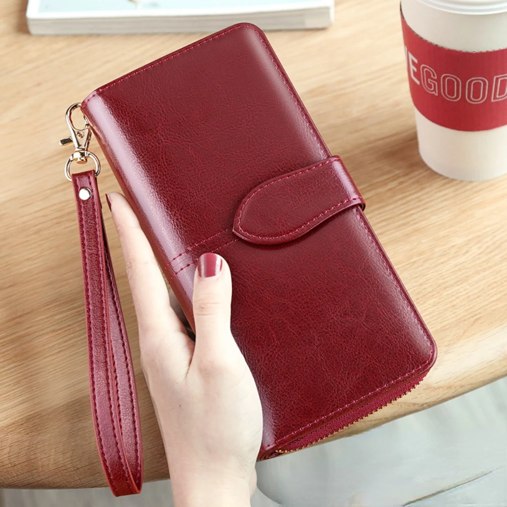 Vintage Oil Wax Cowhide Long Women's Wallet Genuine Leather Zippered Wallet Mobile Phone Bag