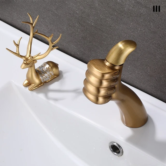 ใหม่ Creative Thumb ก๊อกน้ําห้องน้ําในครัวเรือนห้องน้ําทองเหลืองโบราณอ่างล้างหน้าก๊อกน้ําร้อนและเย็น 3