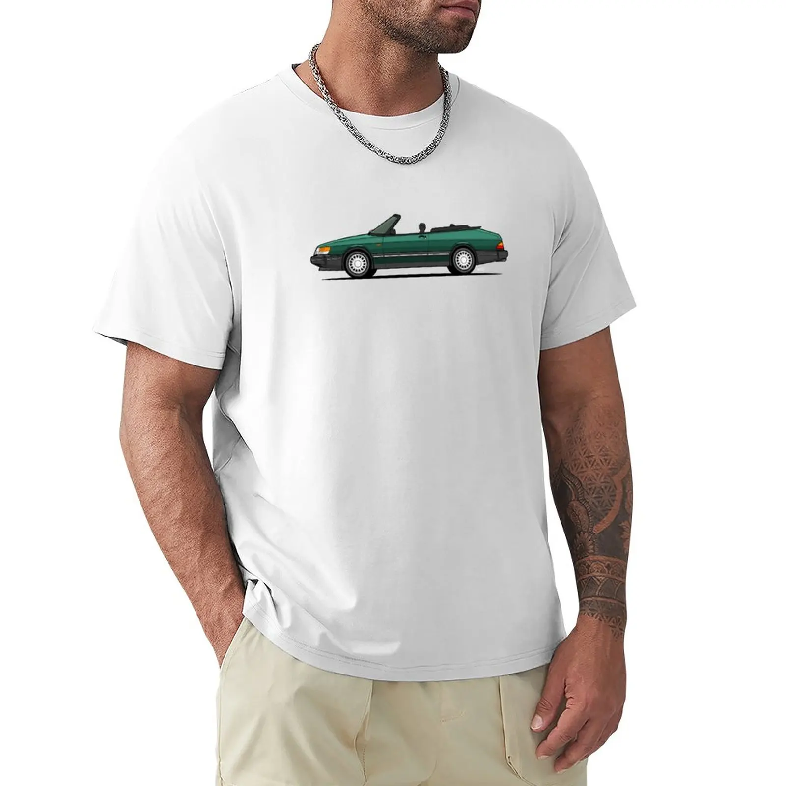 Saab 900 Turbo Convertible Single Side View Illustration-T-Shirt Verde Blanks Fruit Of The Loom Magliette Da Uomo