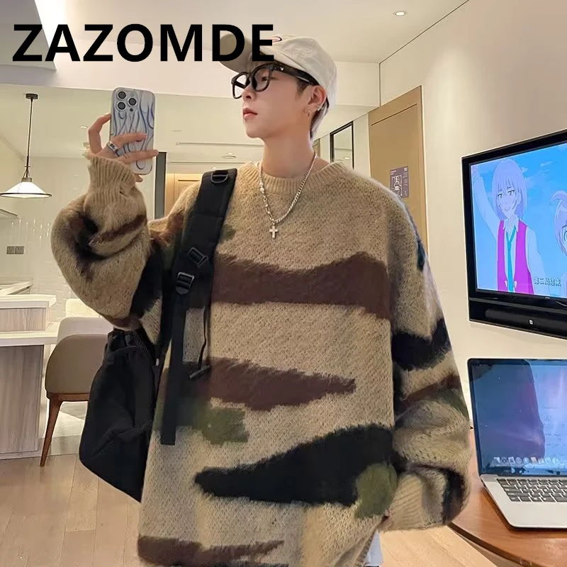 

ZAZOMDE 2023 Men Streetwear Sweater Retro Vintage Abstract Pattern Graphic Hip Hop Knitted Sweater Pullover Sweater Hipster Men