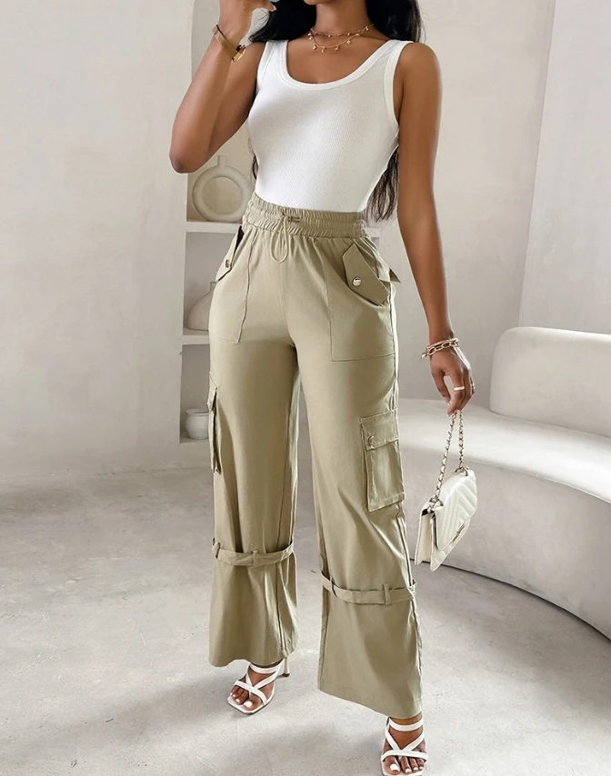 European and American women's 2024 summer new women's casual solid color button up drawstring suspender pants