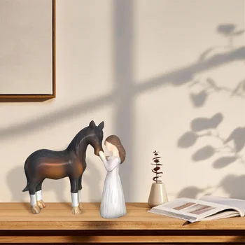 Ensemble de statues en résine marron pour fille et cheval, ensemble de noël, Sculpture de maison, Table de salon, artisanat décoratif, cadeau de famille 1