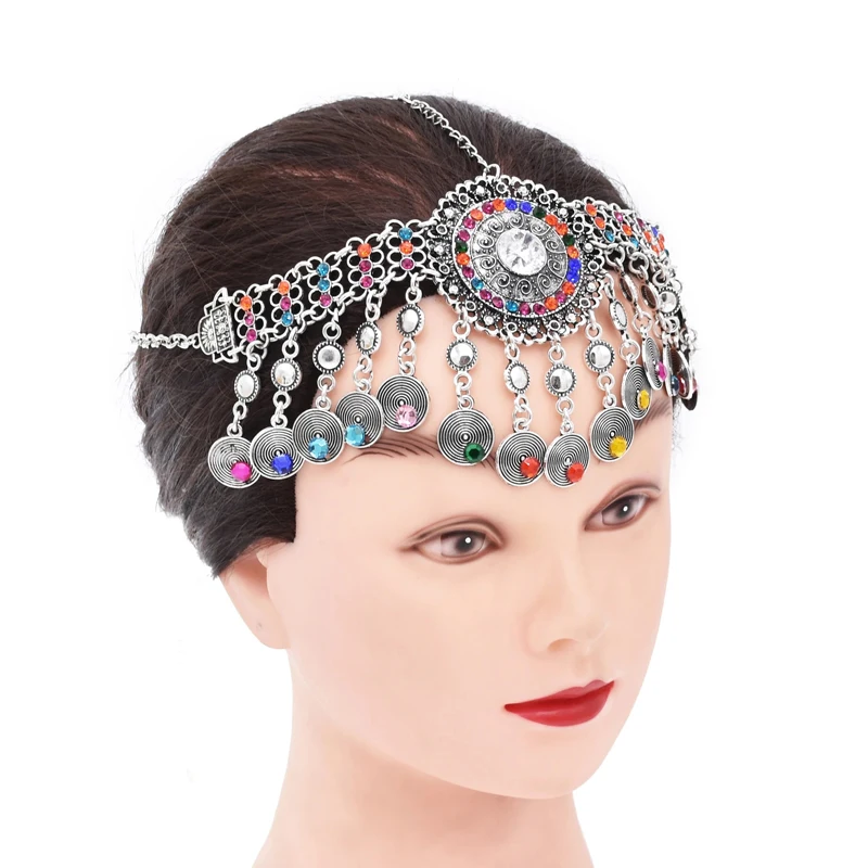 Diadema de diamantes de imitación para mujer, borla de moneda étnica Bohemia, declaración gitana, joyería para el cabello, dijes, tocado turco, diadema femenina