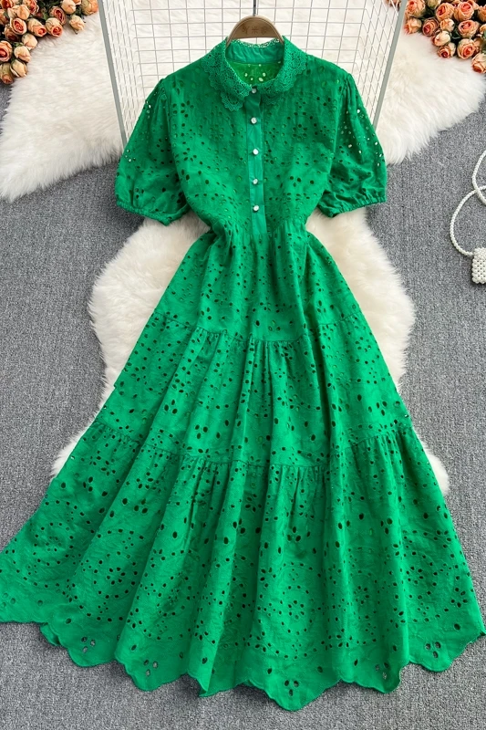 Elegant Puff Sleeve Single Breasted Long Dress For Women Summer Short Sleeve High Waist A Line Dress Lady Hollow Out Vestidos