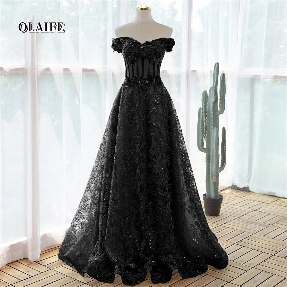 

Elegant A-line Prom Dresses Simple Black flowers Formal Prom Gowns Sequined Lace Off the Shoulder Evening Dress فستان سهرة