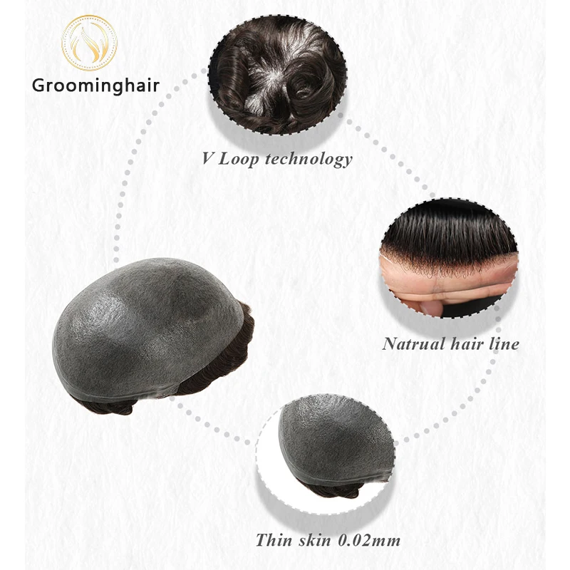 0.02-0.04MM V Loop Hair Men Toupee 0204 Skin PU Human Hair Prosthesis Wig Full Skin PU Hairpiece Men Toupee Replacement human hair toupee,synthetic hair pieces