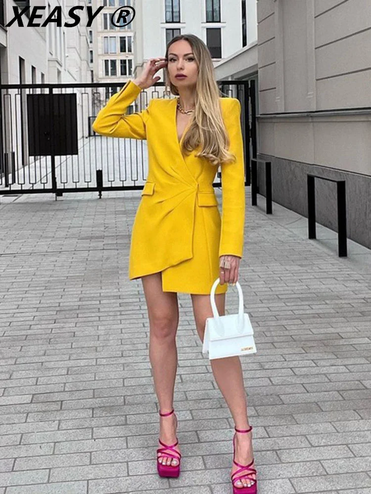 

XEASY Summer Dresses For Women 2022 Vintage Mini Suit DressLong Sleeve Dress Yellow Women's Clothing