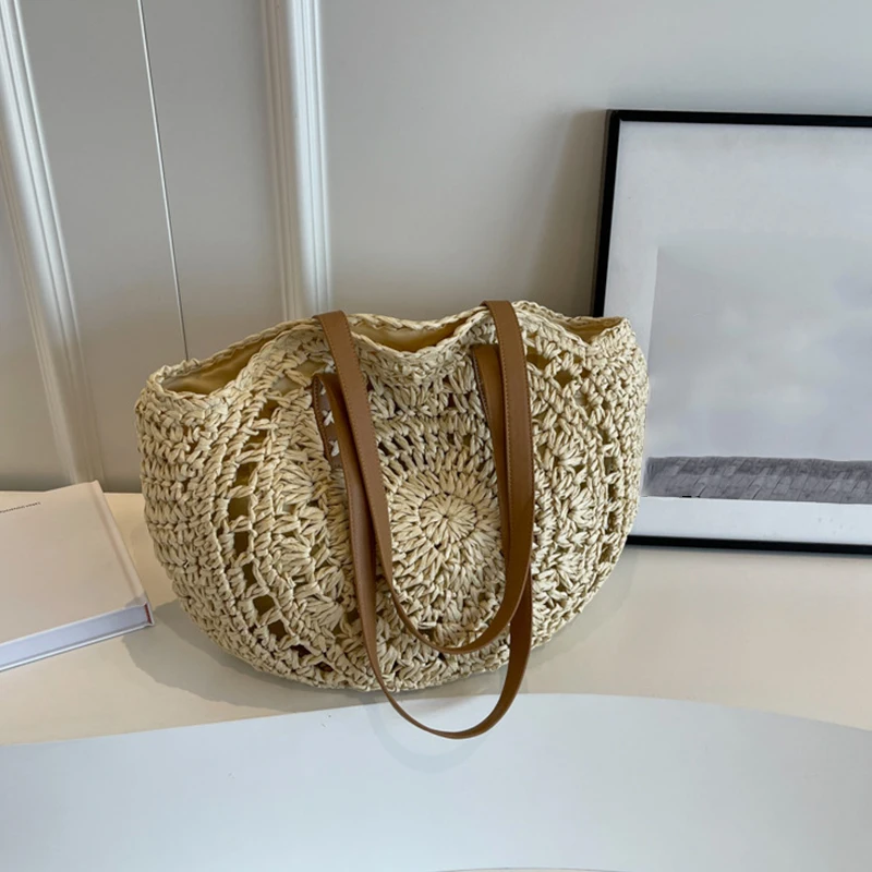 Fashion Large Capacity Handmade Straw Handbag Women Holiday Beach Casual Tote Top-Handle Bags Retro Shoulder Bags
