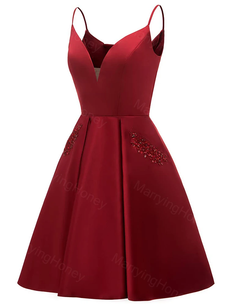 

Satin Short Homecoming Dress with Pockets Spaghetti Straps V Neck Prom Dress for Women A Line Beading Formal Cocktail Gowns