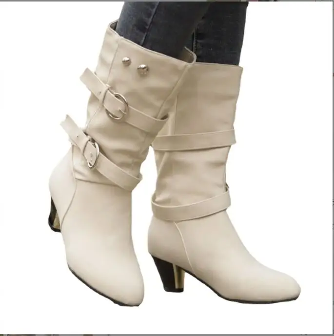 New Sexy Black boots women Shoes knee high Women Casual Vintage Retro Mid-Calf Boots Lace-Up Thick Heels Shoes Large size