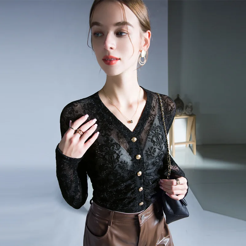 

High Quality 2023 Women Gauze Shiner Winter Autumn T- Shirt Female Button Clothing Sexy Crop Top Clothes Casual Blouse Y2k Girl