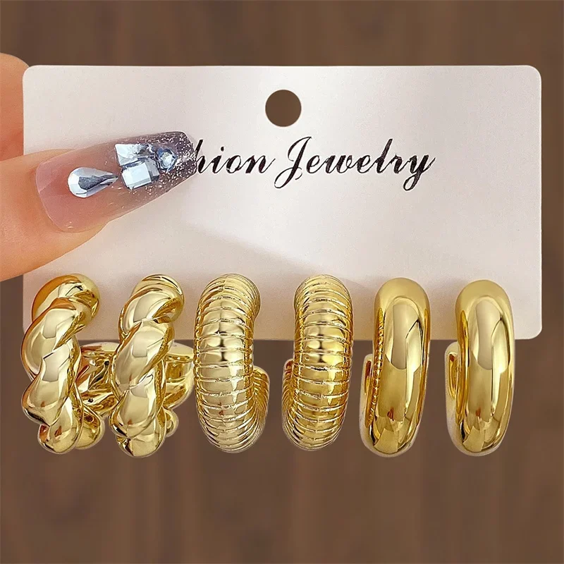 Drop Earrings Set Gold Color Twisted C Shape Tear Drop for Women Geometric Circle Jewelry Gifts