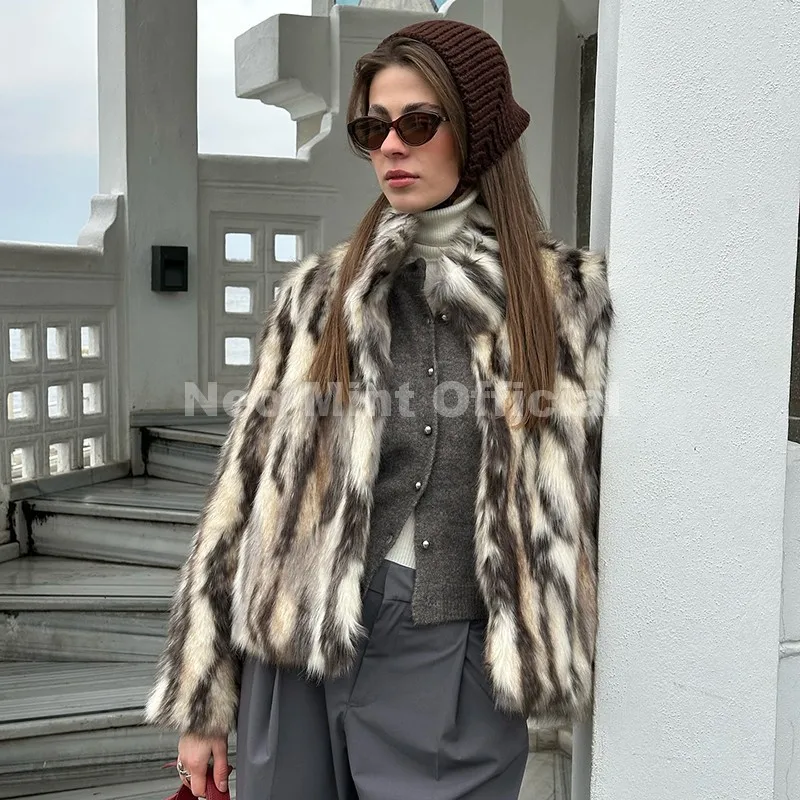 Neo Mint Brand Designer Zebra Strip Print Faux Fur Jacket Women