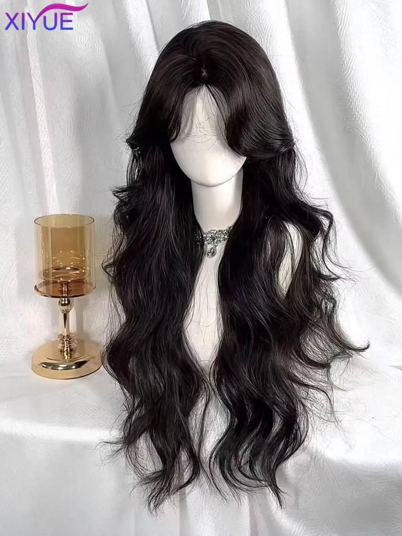 XIYUE 75cm Super Long Black Wavy Synthetic Wigs with Bangs for Women Afro Dark Water Wave Cosplay Natural Hair Wig Heat Resistan