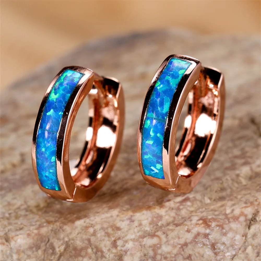 White Blue Opal Classic Small Round Circle Hoop Earrings For Women Vintage Rose Gold Silver Color Wedding Engagement Jewelry