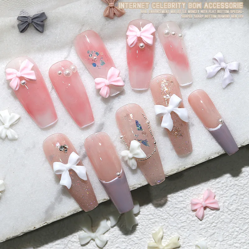 100Pcs 매트 Bowtie 수지 네일 매력 판매 우아하고 요정 같은 매니큐어 룩을위한 3D 일본식 네일 아트 액세서리