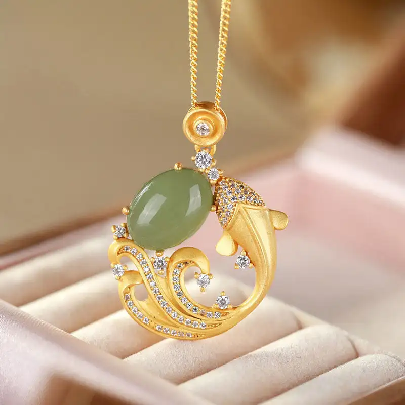 

Lucky Stones Cyan Jade Koi Fish Healing Calm Necklace Pendant