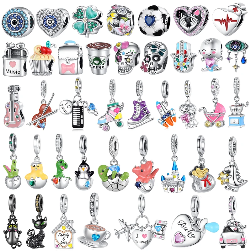 Blue Eyes Charm 925 Silver Original Eggs Hatch Bead Clover Guitar Piano Pendant For Women Bracciale Black Cat Jewelry Gift