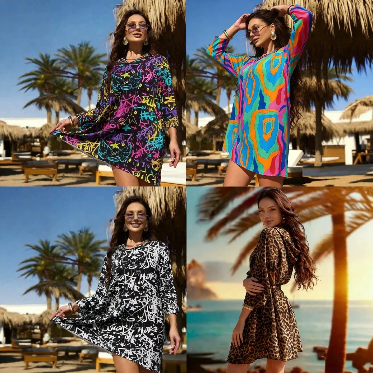 Pareo Dress Beach Tropical Leaf Print Tunic Swim Blue Sheer Three Quarter Sleeve Women's Cover-ups 1
