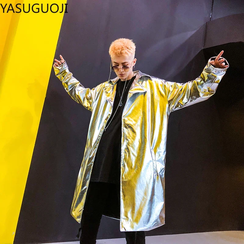 Hip Hop Harajuku Streetwear Reflective Mens Shiny Gold Trench Coat Nightclub DJ Dancer Stage Performance Glossy Windbreaker